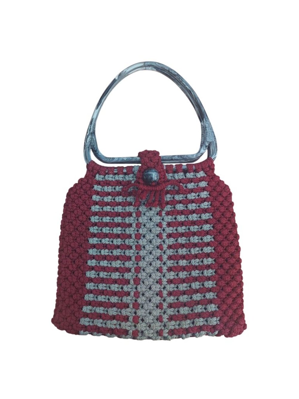Macrame Crochet Handbag Tote Red Gray Lucite Top Handles Vintage 70s Retro Boho
